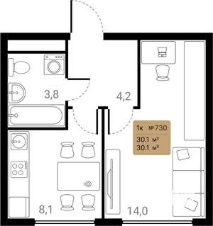 1-к квартира, вторичка, 30м2, 14/28 этаж