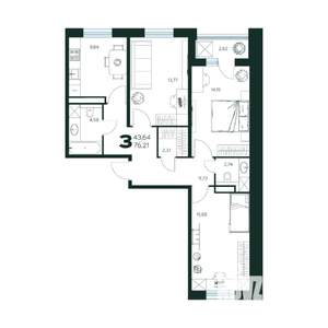 3-к квартира, строящийся дом, 76м2, 8/9 этаж