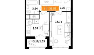 1-к квартира, вторичка, 37м2, 3/6 этаж