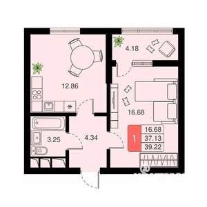 1-к квартира, вторичка, 39м2, 3/20 этаж