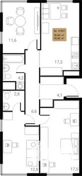 3-к квартира, вторичка, 77м2, 3/28 этаж
