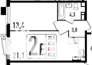 2-к квартира, вторичка, 43м2, 3/8 этаж