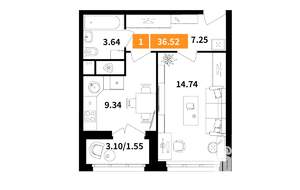 1-к квартира, строящийся дом, 37м2, 4/6 этаж