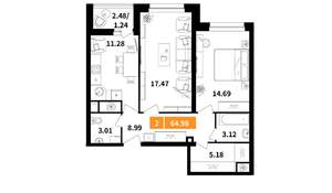 2-к квартира, вторичка, 65м2, 1/17 этаж