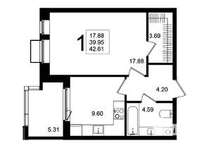 1-к квартира, строящийся дом, 43м2, 3/5 этаж