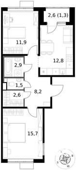 2-к квартира, вторичка, 57м2, 6/17 этаж