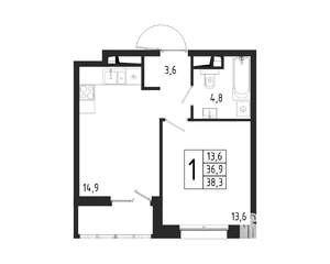 1-к квартира, вторичка, 38м2, 2/12 этаж