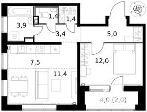 2-к квартира, вторичка, 48м2, 2/17 этаж