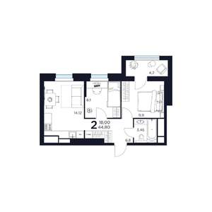 2-к квартира, строящийся дом, 44м2, 12/17 этаж