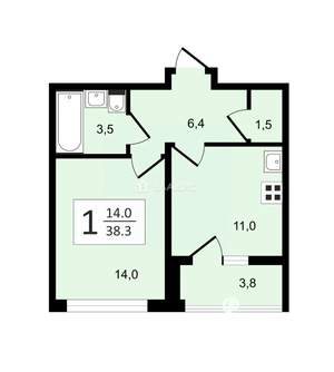 1-к квартира, сданный дом, 38м2, 8/17 этаж