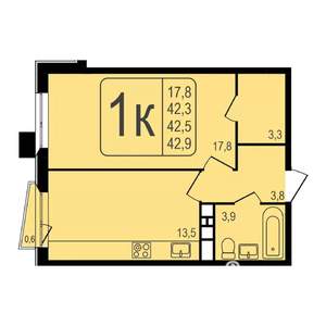 1-к квартира, строящийся дом, 43м2, 8/8 этаж