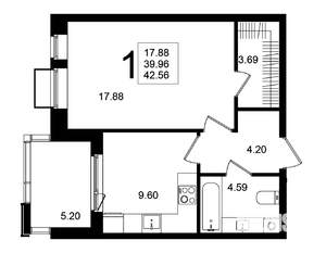 1-к квартира, строящийся дом, 43м2, 2/5 этаж