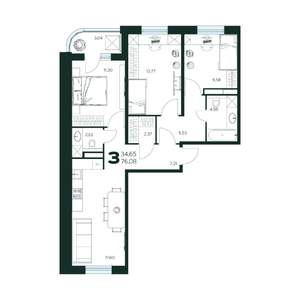 3-к квартира, строящийся дом, 76м2, 8/9 этаж