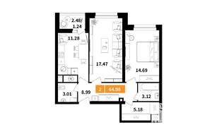 2-к квартира, вторичка, 65м2, 1/17 этаж