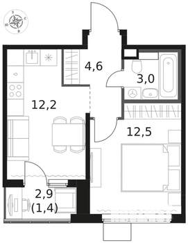 1-к квартира, вторичка, 34м2, 12/17 этаж
