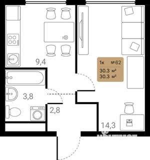 1-к квартира, вторичка, 30м2, 7/28 этаж