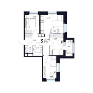 3-к квартира, строящийся дом, 62м2, 8/17 этаж