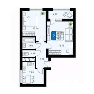2-к квартира, вторичка, 49м2, 7/20 этаж