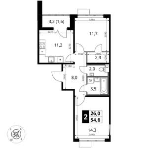 2-к квартира, вторичка, 55м2, 6/16 этаж