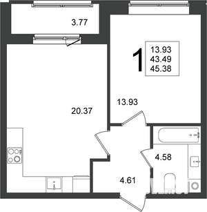 1-к квартира, строящийся дом, 45м2, 1/5 этаж