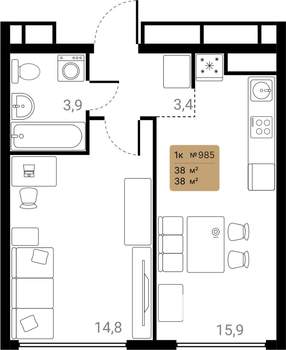 1-к квартира, вторичка, 38м2, 13/28 этаж