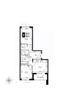 2-к квартира, вторичка, 60м2, 16/17 этаж