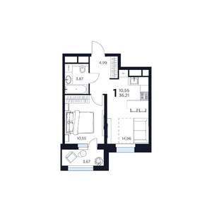 1-к квартира, строящийся дом, 36м2, 3/17 этаж