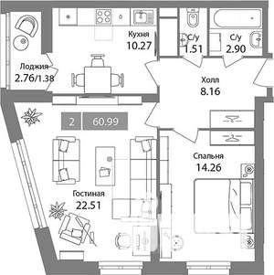 2-к квартира, вторичка, 61м2, 12/17 этаж