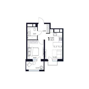 1-к квартира, строящийся дом, 35м2, 11/17 этаж