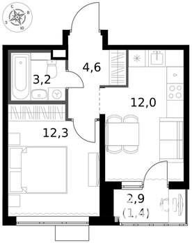 1-к квартира, вторичка, 34м2, 3/17 этаж