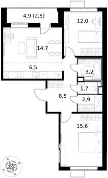 3-к квартира, вторичка, 68м2, 3/17 этаж