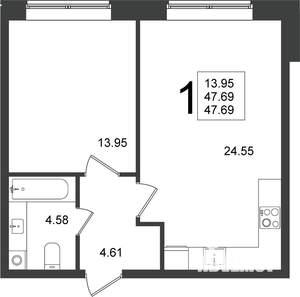 1-к квартира, строящийся дом, 48м2, 2/5 этаж