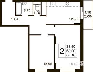 2-к квартира, вторичка, 61м2, 1/18 этаж