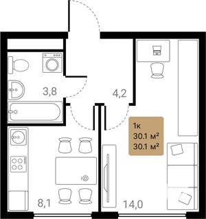 1-к квартира, вторичка, 30м2, 19/28 этаж