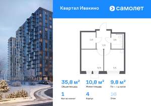 1-к квартира, вторичка, 36м2, 16/17 этаж