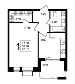 1-к квартира, строящийся дом, 43м2, 2/5 этаж