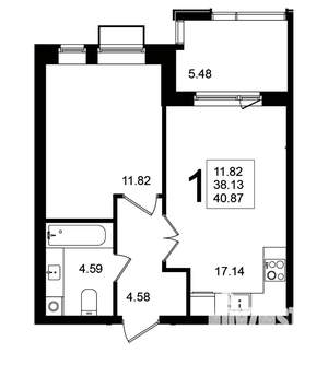 1-к квартира, строящийся дом, 41м2, 3/5 этаж