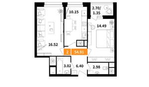 2-к квартира, вторичка, 55м2, 13/17 этаж