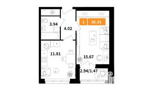 1-к квартира, вторичка, 37м2, 5/7 этаж