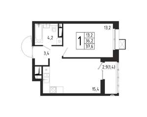 1-к квартира, вторичка, 38м2, 2/12 этаж