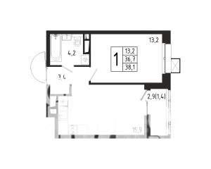 1-к квартира, строящийся дом, 38м2, 2/10 этаж