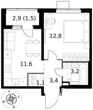 1-к квартира, вторичка, 34м2, 3/17 этаж