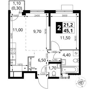 2-к квартира, вторичка, 45м2, 6/17 этаж