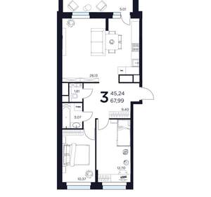 3-к квартира, вторичка, 68м2, 7/15 этаж