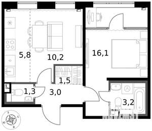 2-к квартира, вторичка, 41м2, 2/17 этаж