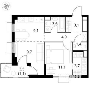 2-к квартира, вторичка, 48м2, 9/17 этаж
