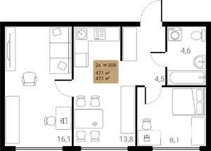 2-к квартира, вторичка, 47м2, 3/28 этаж