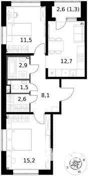 2-к квартира, вторичка, 56м2, 2/17 этаж