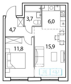 1-к квартира, вторичка, 42м2, 15/18 этаж