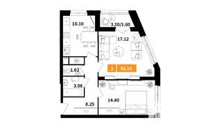 2-к квартира, строящийся дом, 56м2, 14/17 этаж